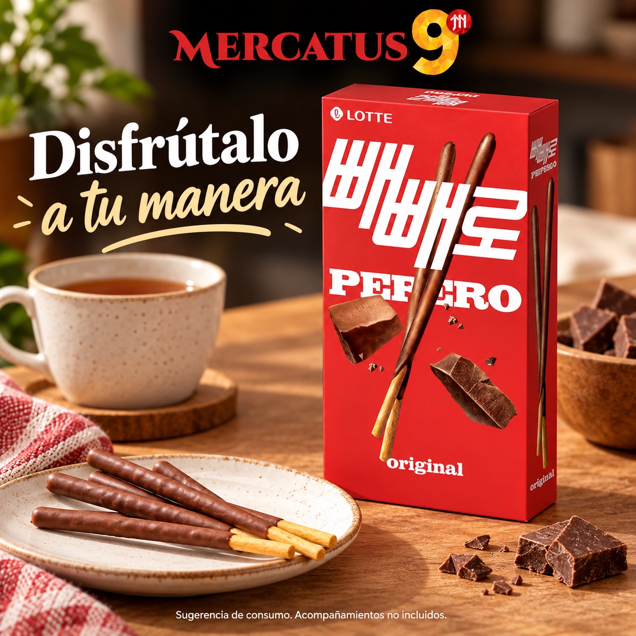 Sugerencia ilustrativa de consumo de Lotte Pepero chocolate; acompañamientos no incluidos