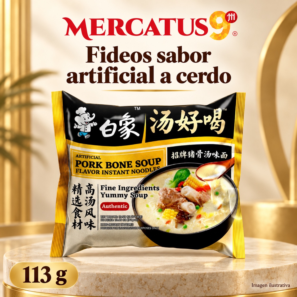 Baixiang · Fideos sabor artificial a sopa de cerdo, presentación de 113 g, Mercatus9