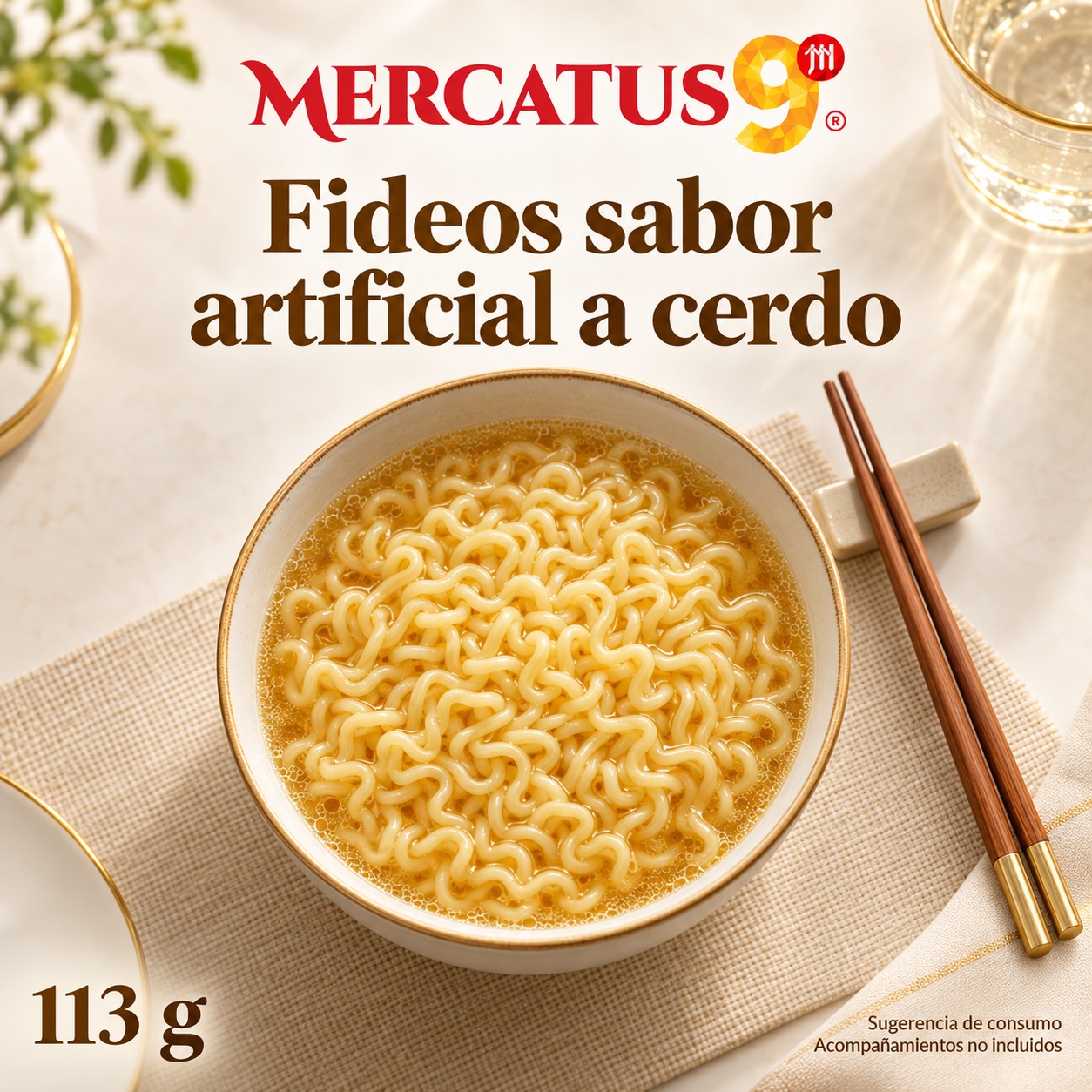 Sugerencia ilustrativa de consumo de Baixiang · Fideos sabor artificial a sopa de cerdo; acompañamientos no incluidos