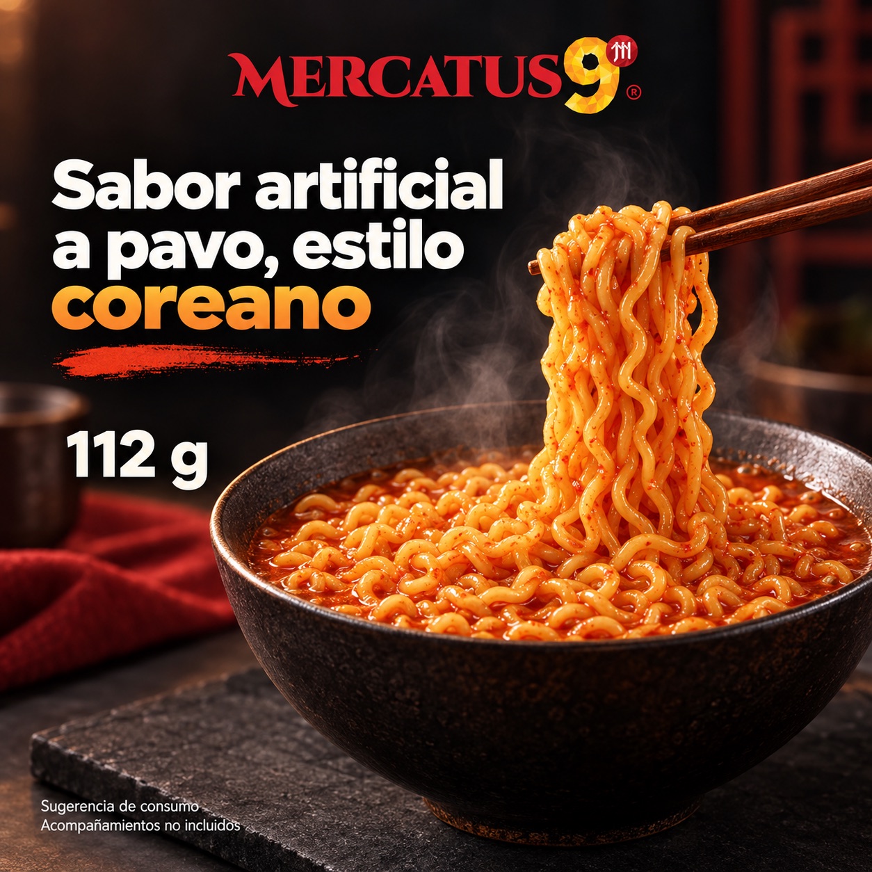 Sugerencia ilustrativa de consumo de Baixiang · Fideos sabor artificial a pavo, estilo coreano; acompañamientos no incluidos