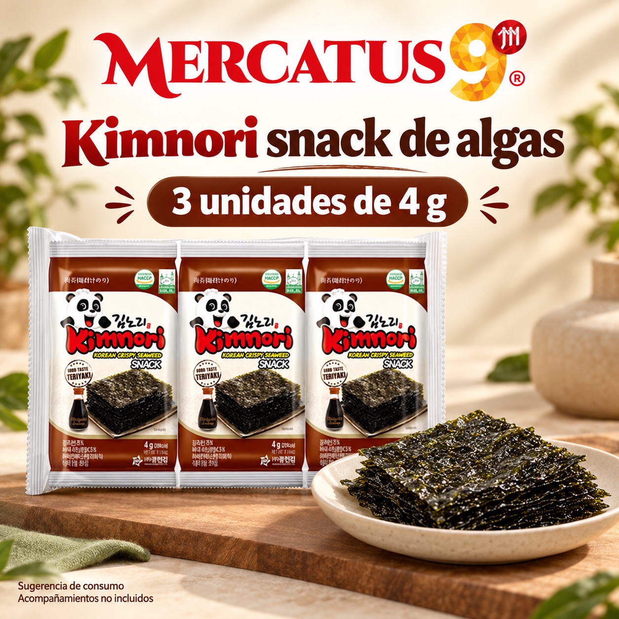 Sugerencia ilustrativa de consumo de Kimnori snack de algas; acompañamientos no incluidos